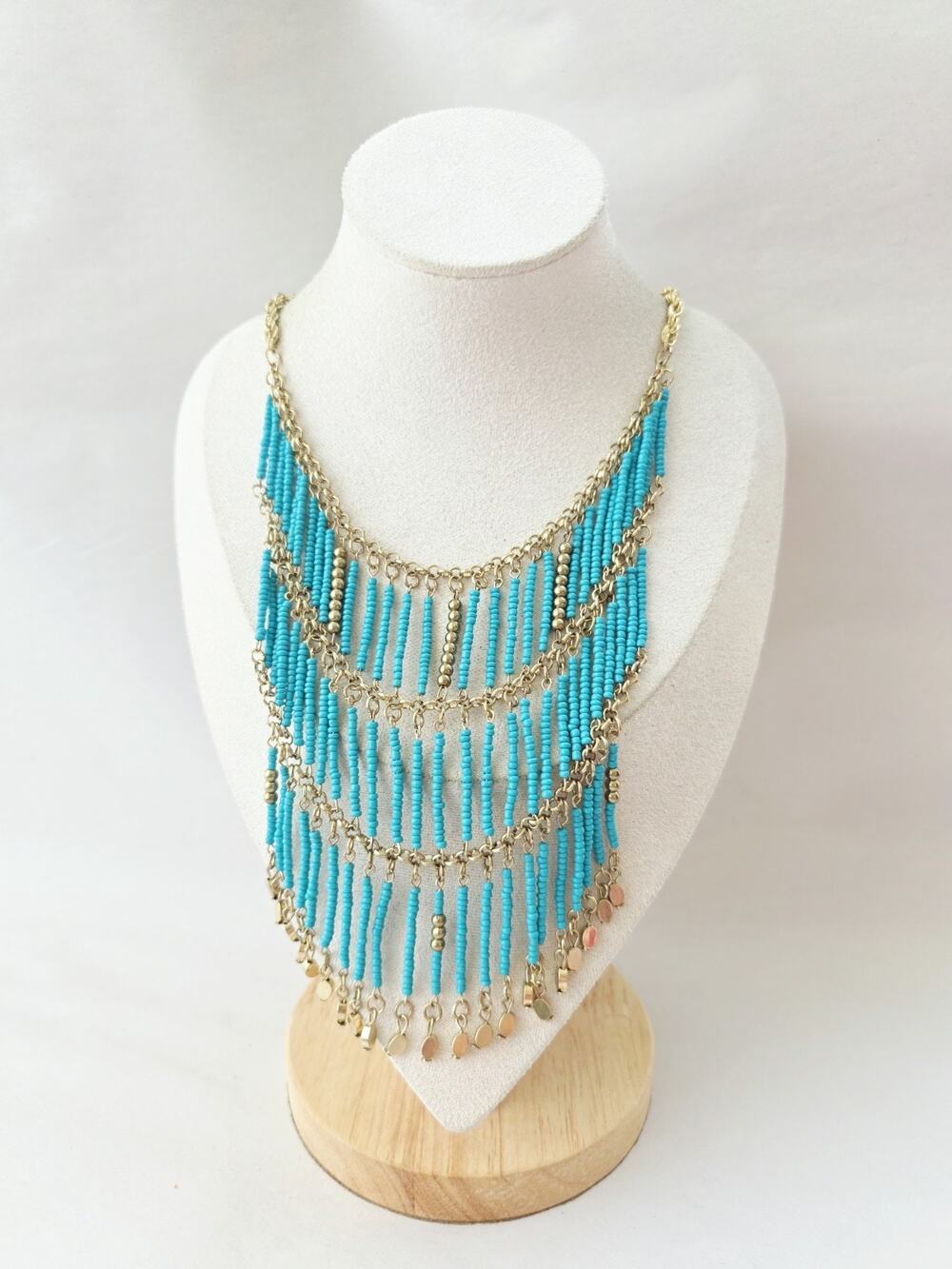 New! Miriam Haskell INC Gold Tone & Turquoise Blue Beaded Necklace Boho Fringe